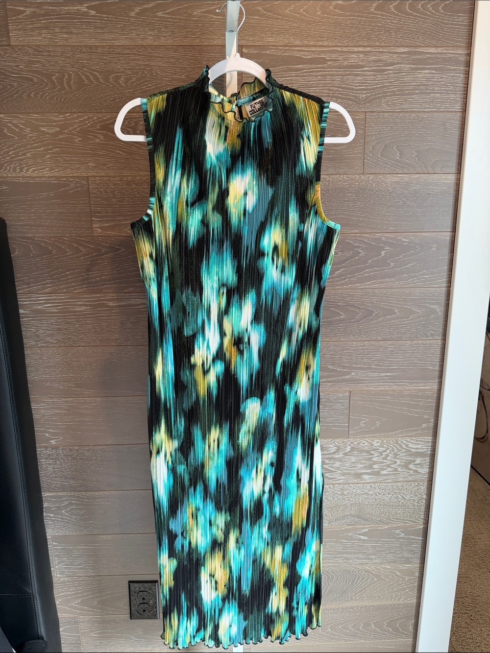 Micro Pleat Floral High Neck Midi Dress